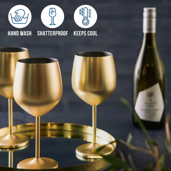4 Gold Wine Glasses, 540 ml - Set in Shatterproof Glass in Matt Stainless Steel with Gift Box